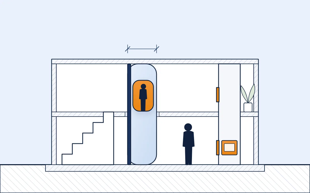 Mini-Aufzug im Einfamilienhaus: schlanke Glasröhre für eine Person durch die Geschossdecke neben der Treppe, daneben ein Kleingüteraufzug mit Ladeklappen